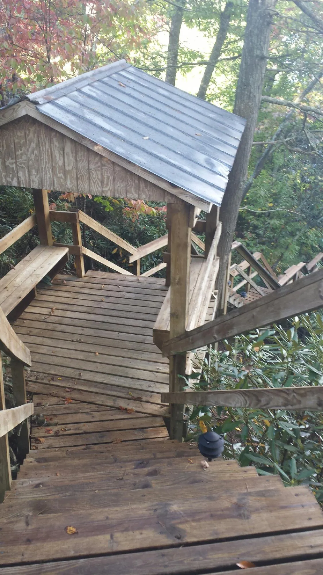 Metal roofed shelter over wooden steps on a wooded walkway — Skylight Repair & Installation work by our crew in Noblesville